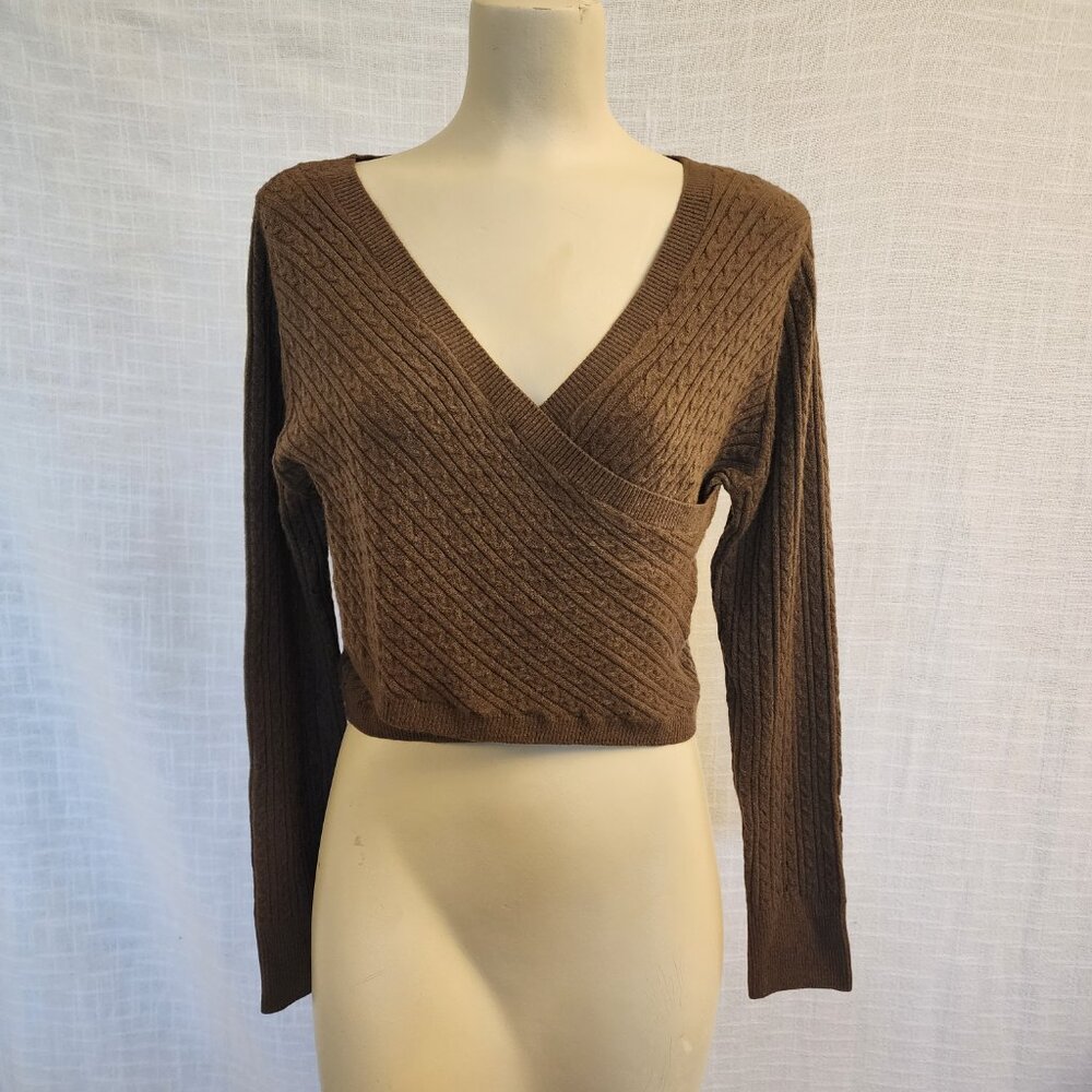House of Harlow 1960 Womens L Brown Cross Front Knit Ribbed  V-neck Sweater A277